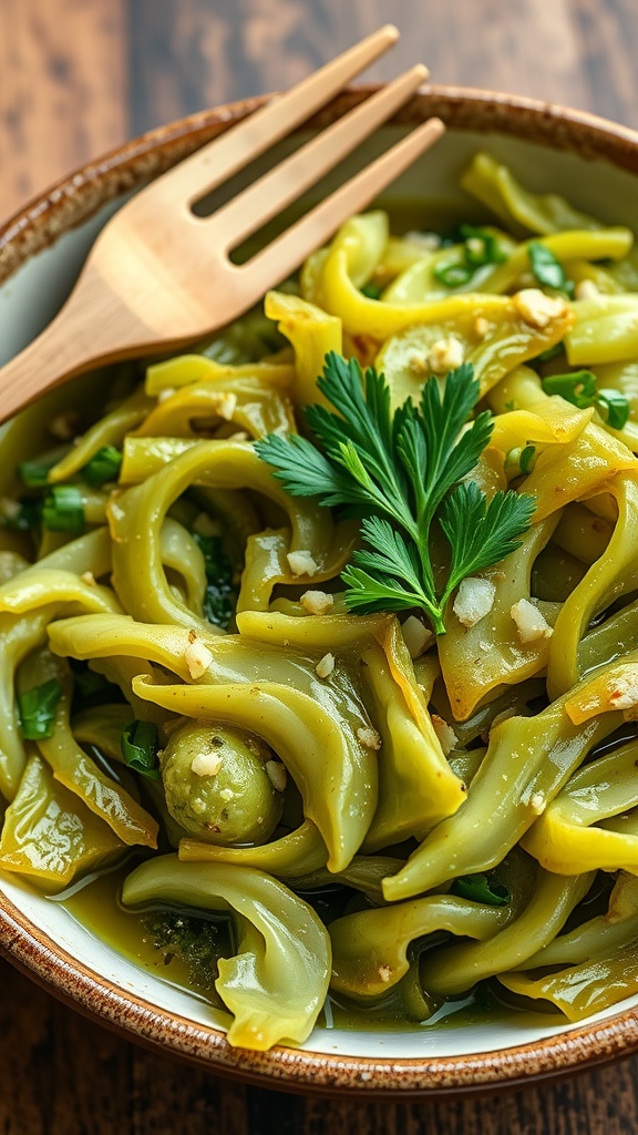 Whole30 Friendly Garlic Sautéed Cabbage Recipe Sautéed cabbage with garlic, garnished with parsley, served in a rustic bowl on a wooden table.